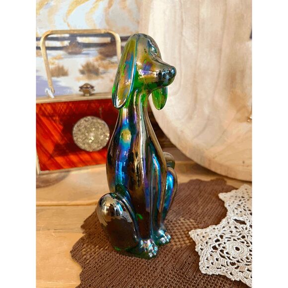 Viking Glass Mould Epic Dog Figurine Shiny Green Carnival Glass Hound by Mosser - Picture 2 of 5